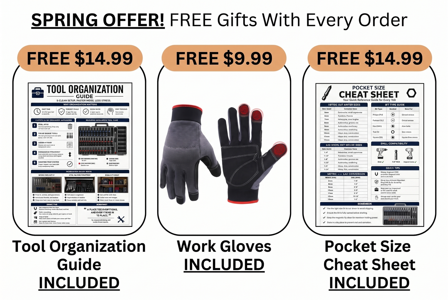 Tool Orginization Guide, Work Gloves, Pocket Size Cheat Sheet